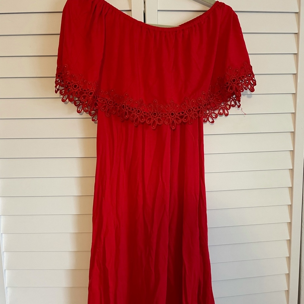 Red, off the shoulder dress.